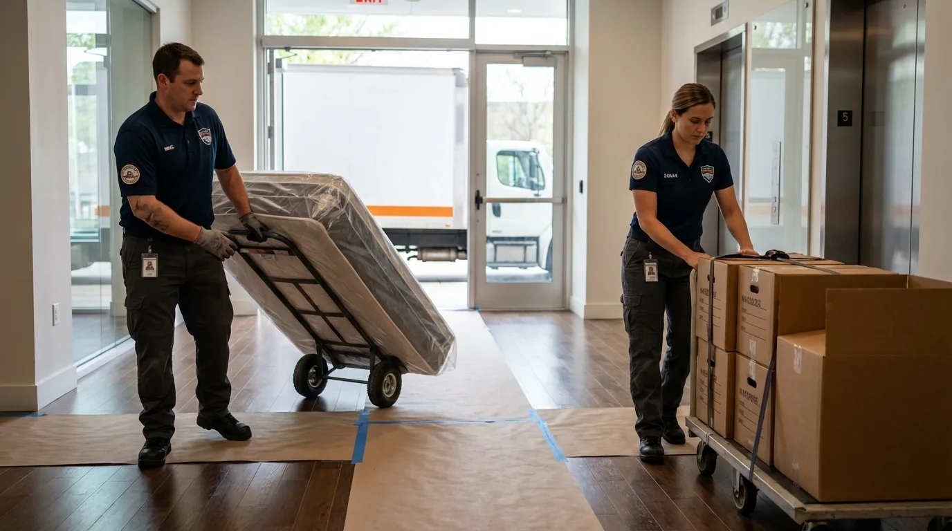 Professional apartment movers loading elevator in Rantoul, IL
