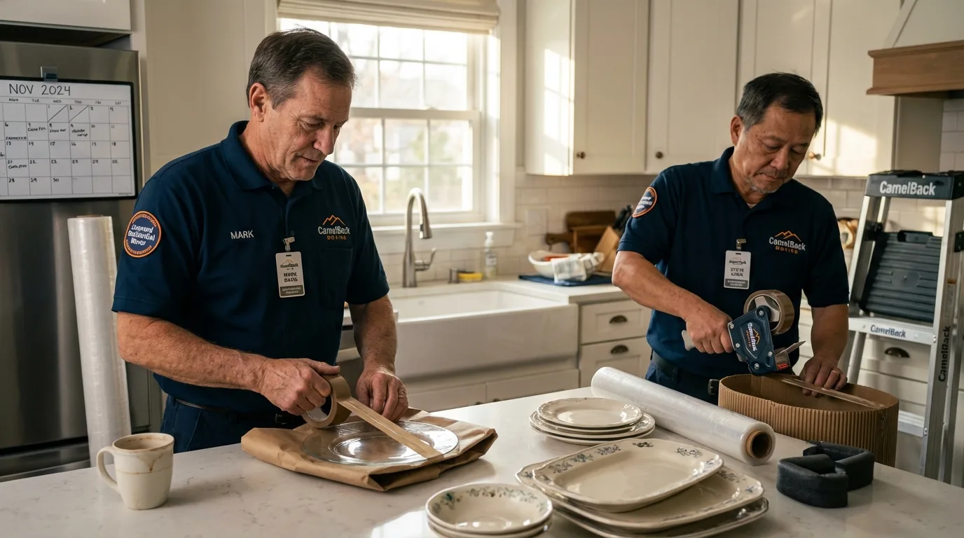 Professional crew packing kitchen dishware in Rantoul, IL
